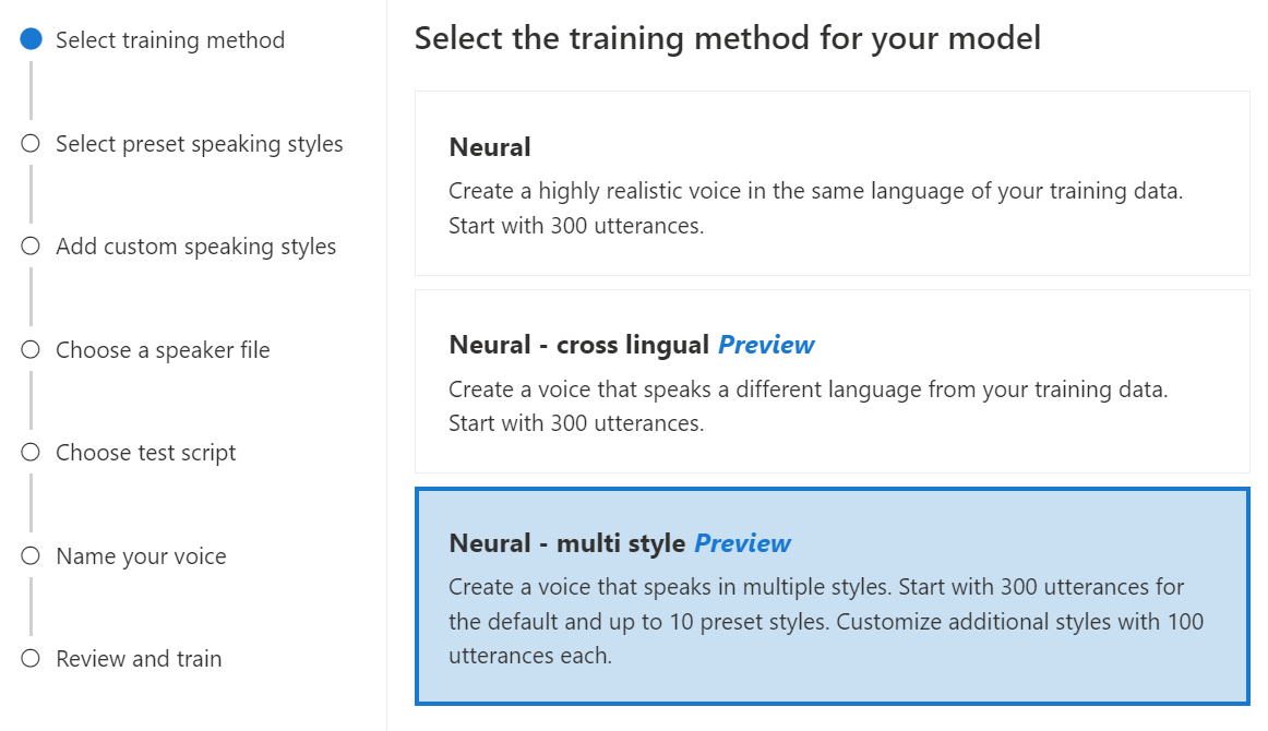 Screenshot that shows how to select neural multi style training.