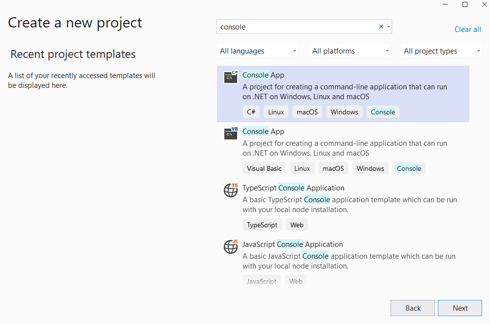 Screenshot of Visual Studio 2022 create new project page.