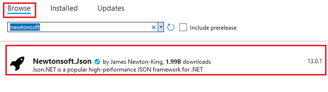 Screenshot of the NuGet package install window.