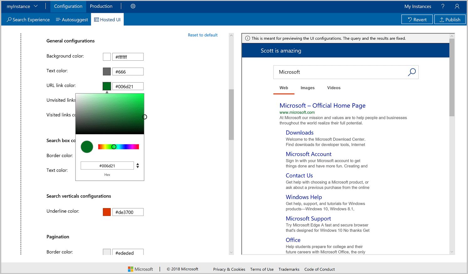 Screenshot of the Hosted UI customize color theme