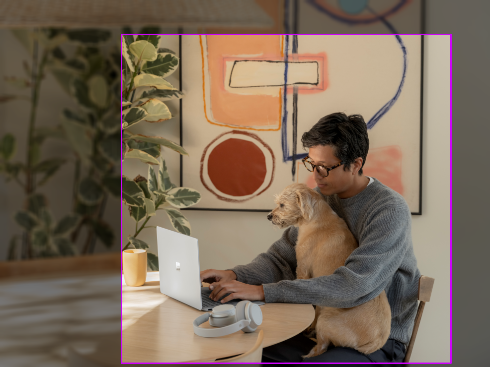 Photo of a man with a dog at a table. A 1.00 ratio bounding box is drawn.