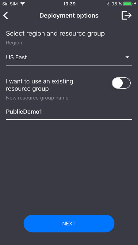 An app screen showing fields for the deployment region and resource group