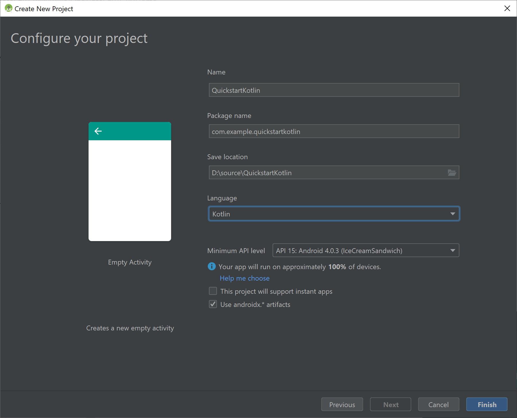 Screenshot of the Configure project window in Android Studio.