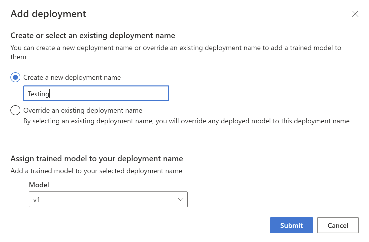 A screenshot of the deployment page within the deploy model screen in C L U.