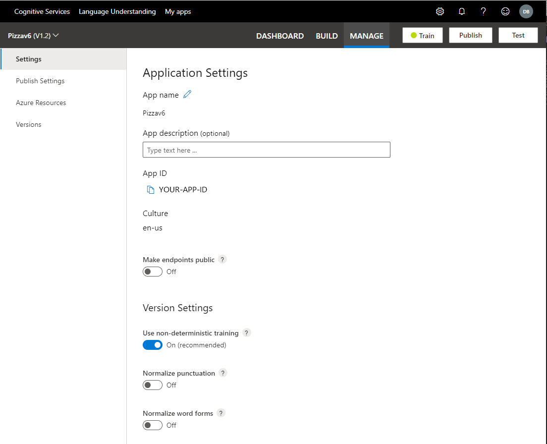 Screenshot of LUIS portal, Manage section, Application Settings page