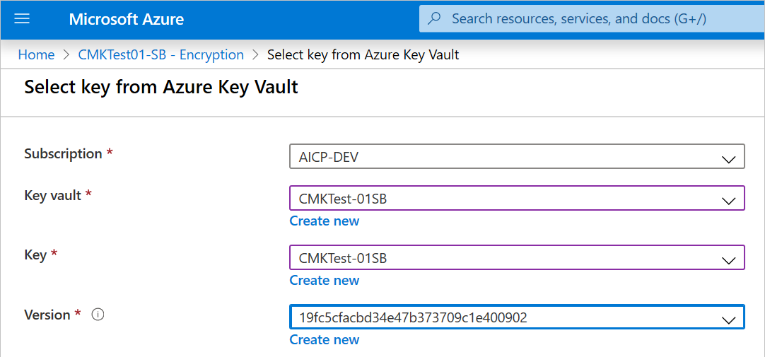 Screenshot of the Select key from Azure Key Vault page in the Azure portal. The Subscription, Key vault, Key, and Version boxes contain values.