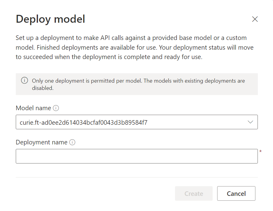 Screenshot of the Deploy Model dialog from Azure OpenAI Studio.