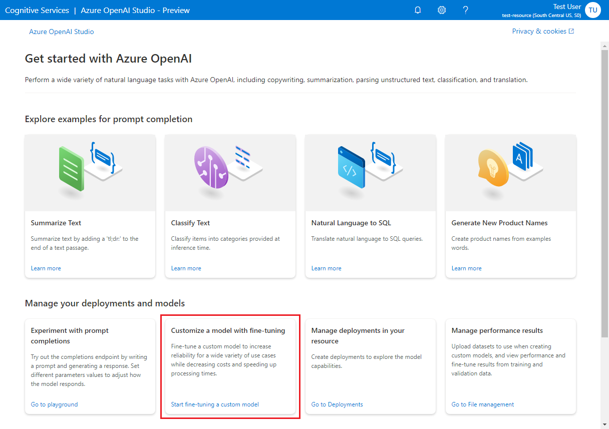 Screenshot of the landing page of the Azure OpenAI Studio with sections highlighted.