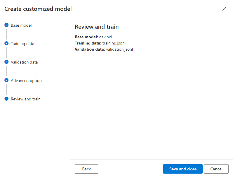 Screenshot of the Review and train pane for the Create customized model wizard.