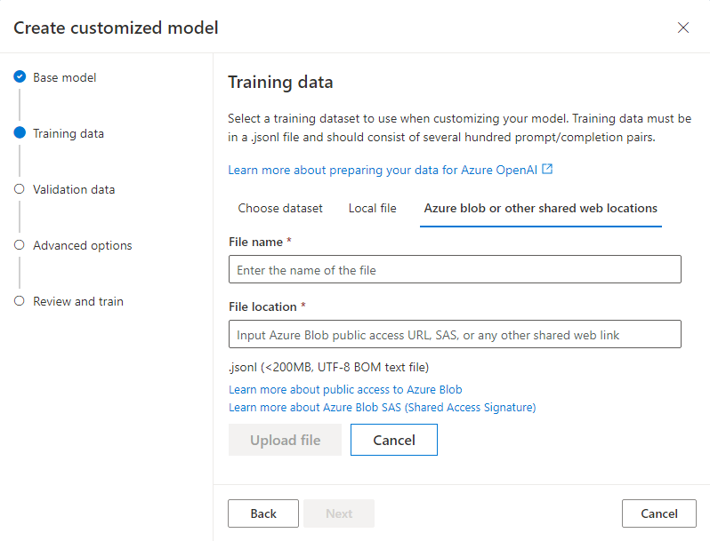 Screenshot of the Training data pane for the Create customized model wizard, with Azure Blob and shared web location options.
