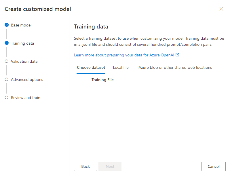 Screenshot of the Training data pane for the Create customized model wizard.