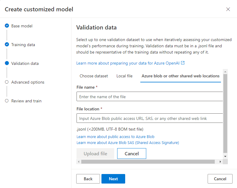 Screenshot of the Validation data pane for the Create customized model wizard, with Azure Blob and shared web location options.