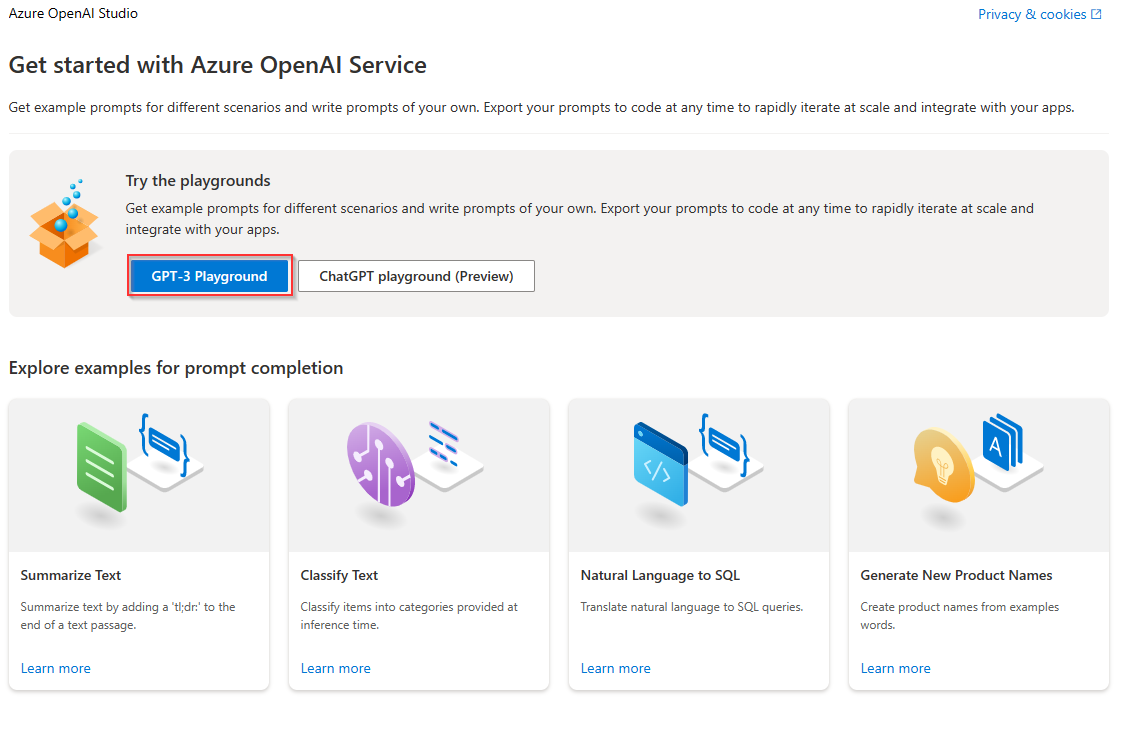 Screenshot of the Azure OpenAI Studio landing page.