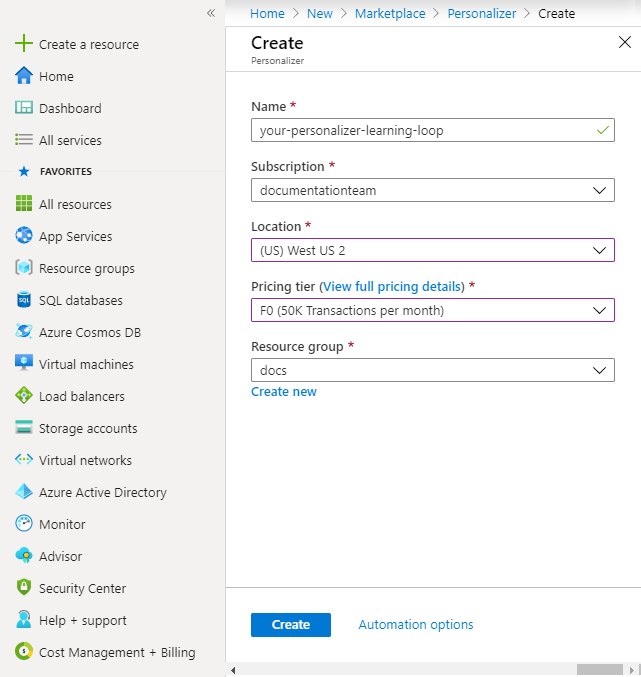 Use Azure portal to create Personalizer resource, also called a learning loop.