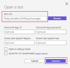Screenshot of Bot Framework Emulator open bot settings.