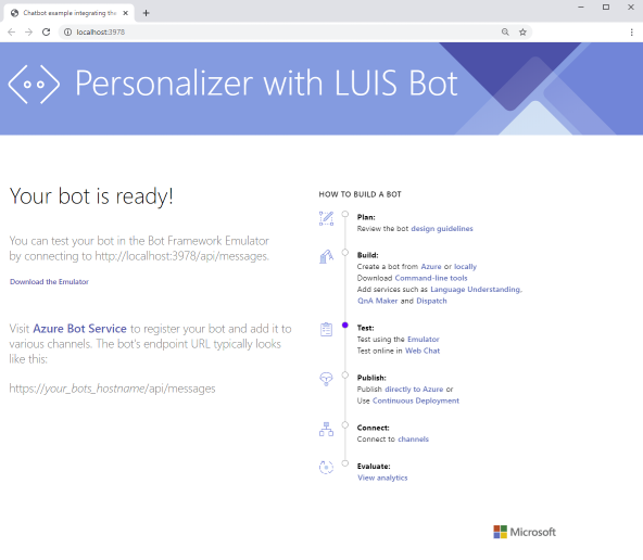 Screenshot of browser displaying chat bot web site.