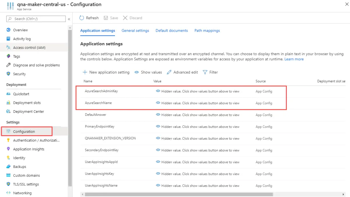 Screenshot of Azure portal showing App Service configuration settings