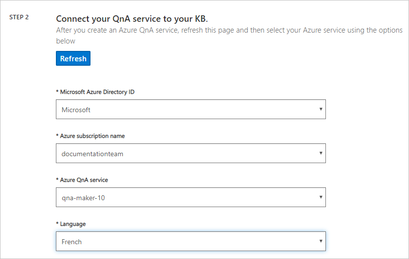Screenshot of selecting a QnA Maker service knowledge base