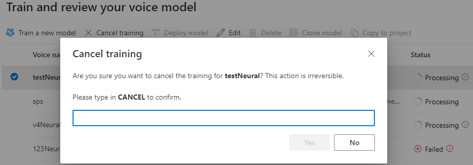 Screenshot that shows how to cancel training for a model.