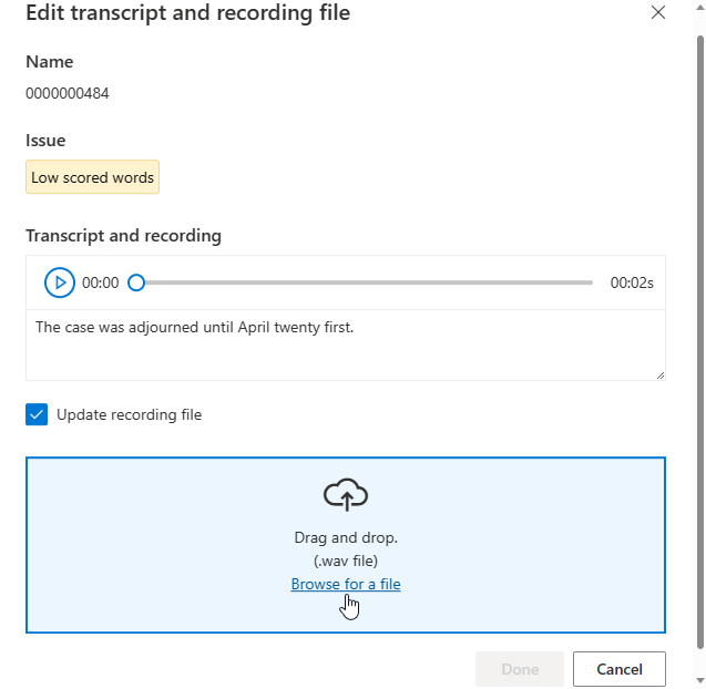 Screenshot that shows how to upload recording file on the Edit transcript and recording file window.