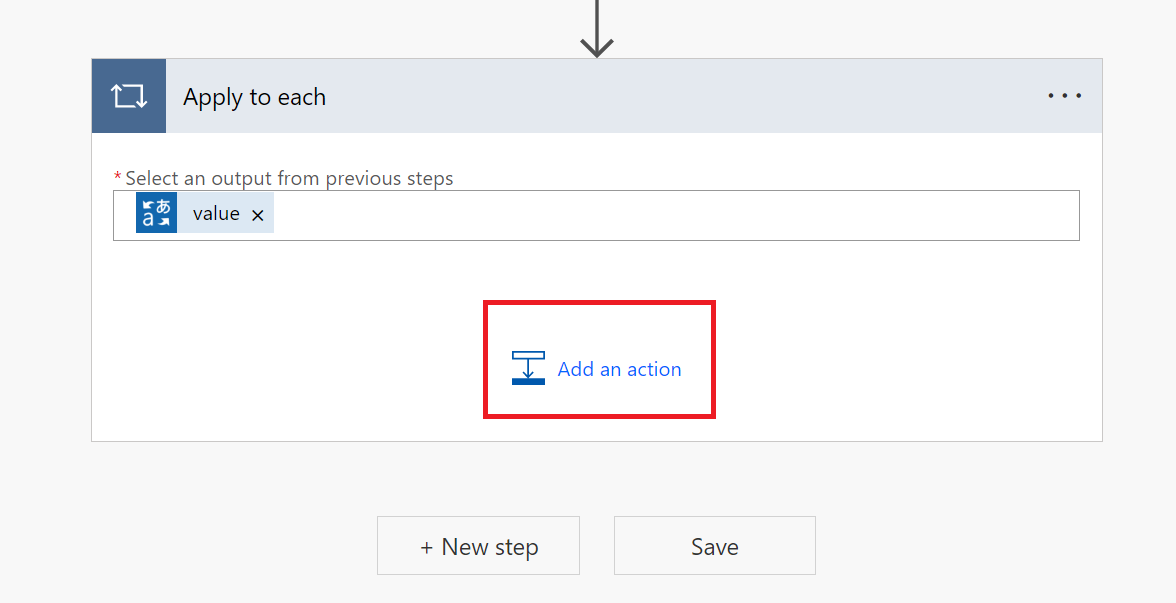 Screenshot showing the 'Add an action' control step.