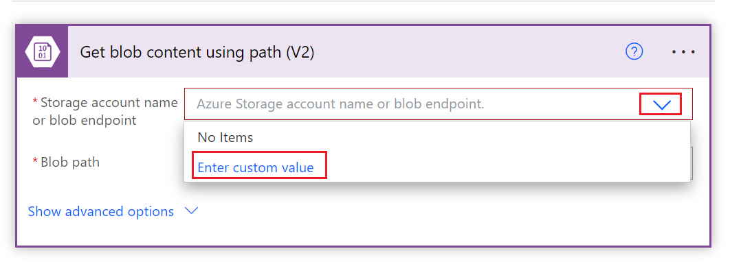 Screenshot showing 'enter custom value' from the Create blob (V2) window.
