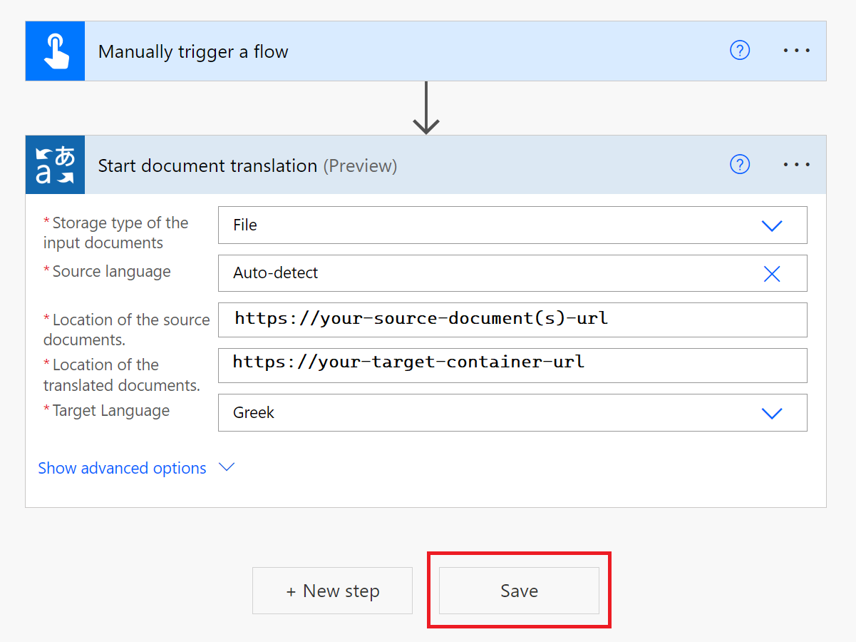 Screenshot of the Start document translation dialog window.