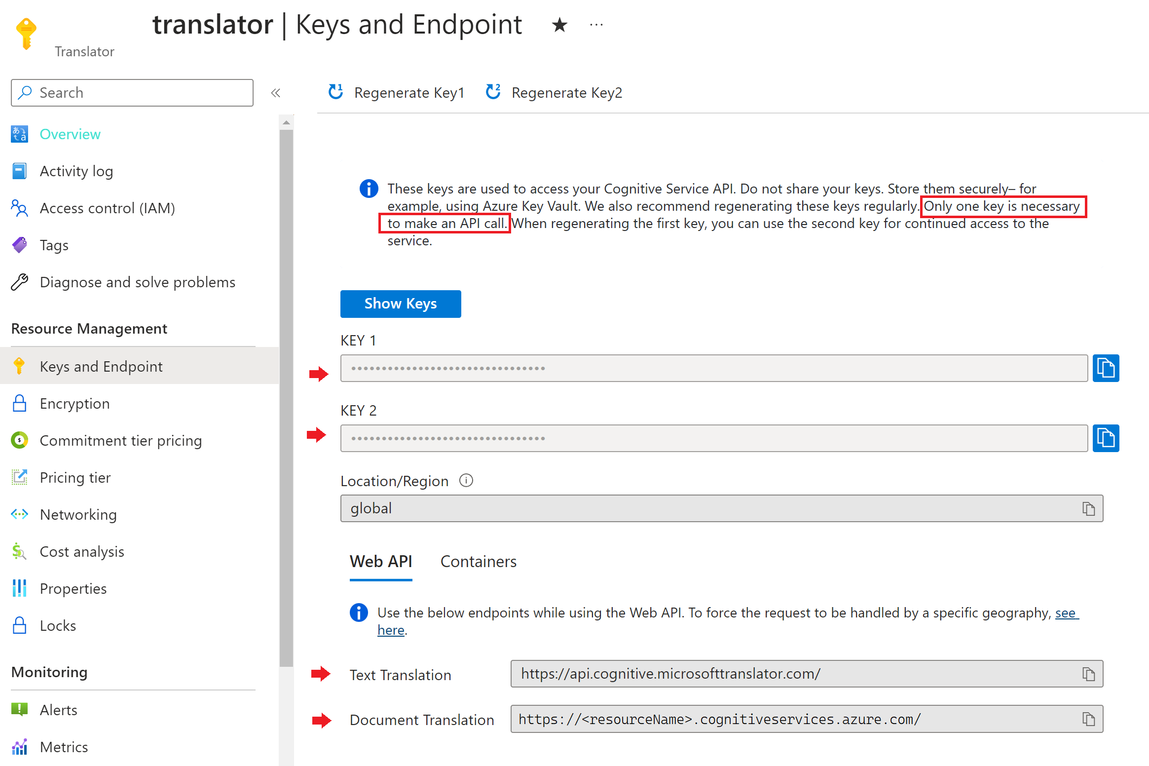 Screenshot of the Azure portal showing the Keys and Endpoint page of a Translator resource. The keys and endpoints are highlighted.