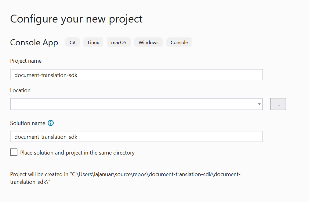 Screenshot of Visual Studio 2022 configure new project configuration window.