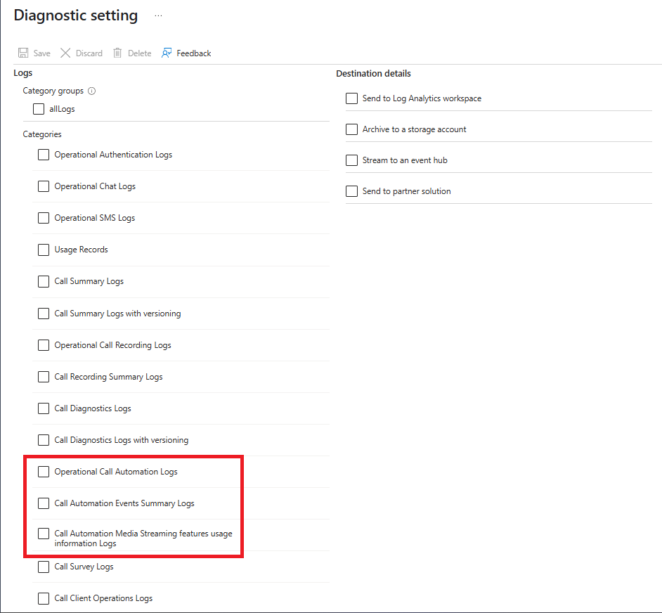 Screenshot of diagnostic settings for Call Automation.