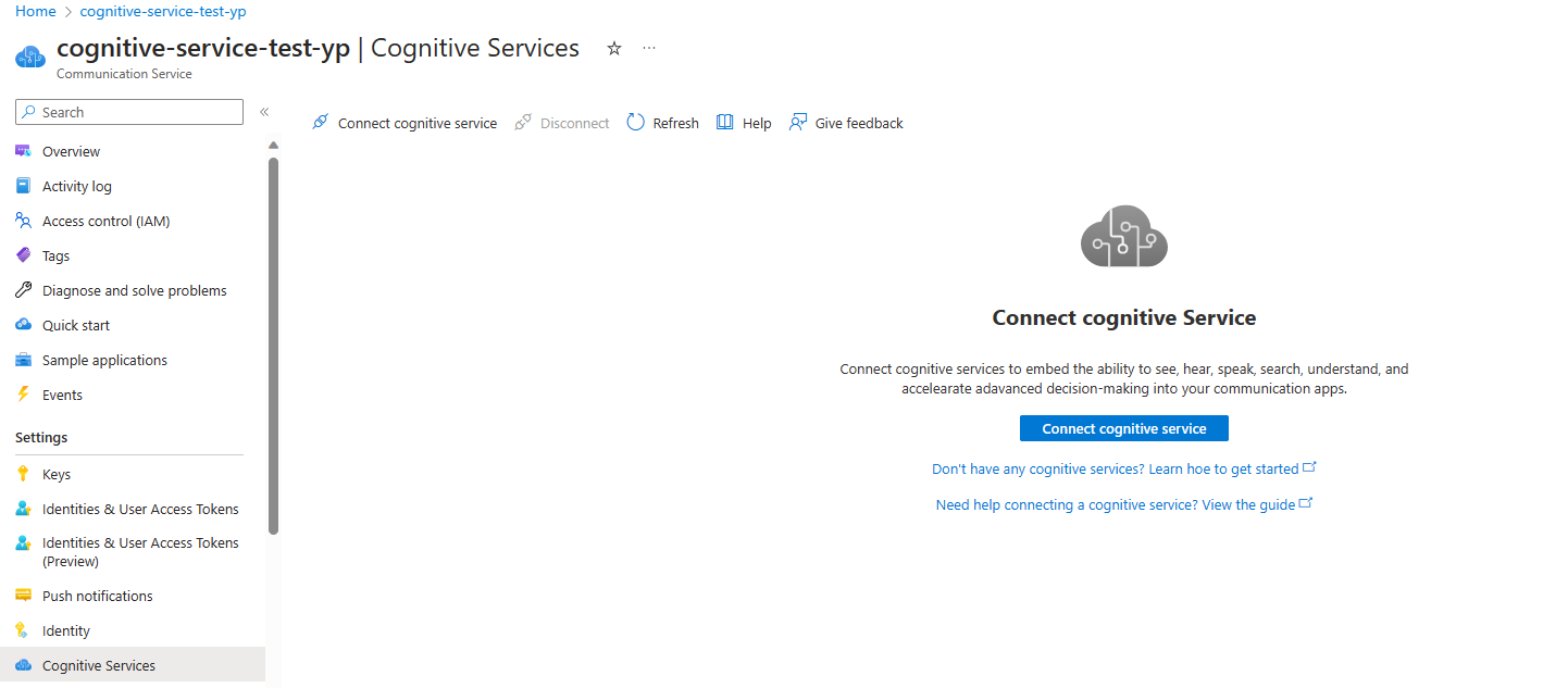Screenshot of Connect cognitive services button.