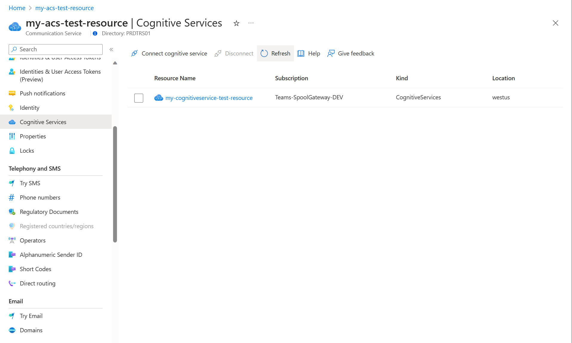 Screenshot of connected cognitive service on main page.