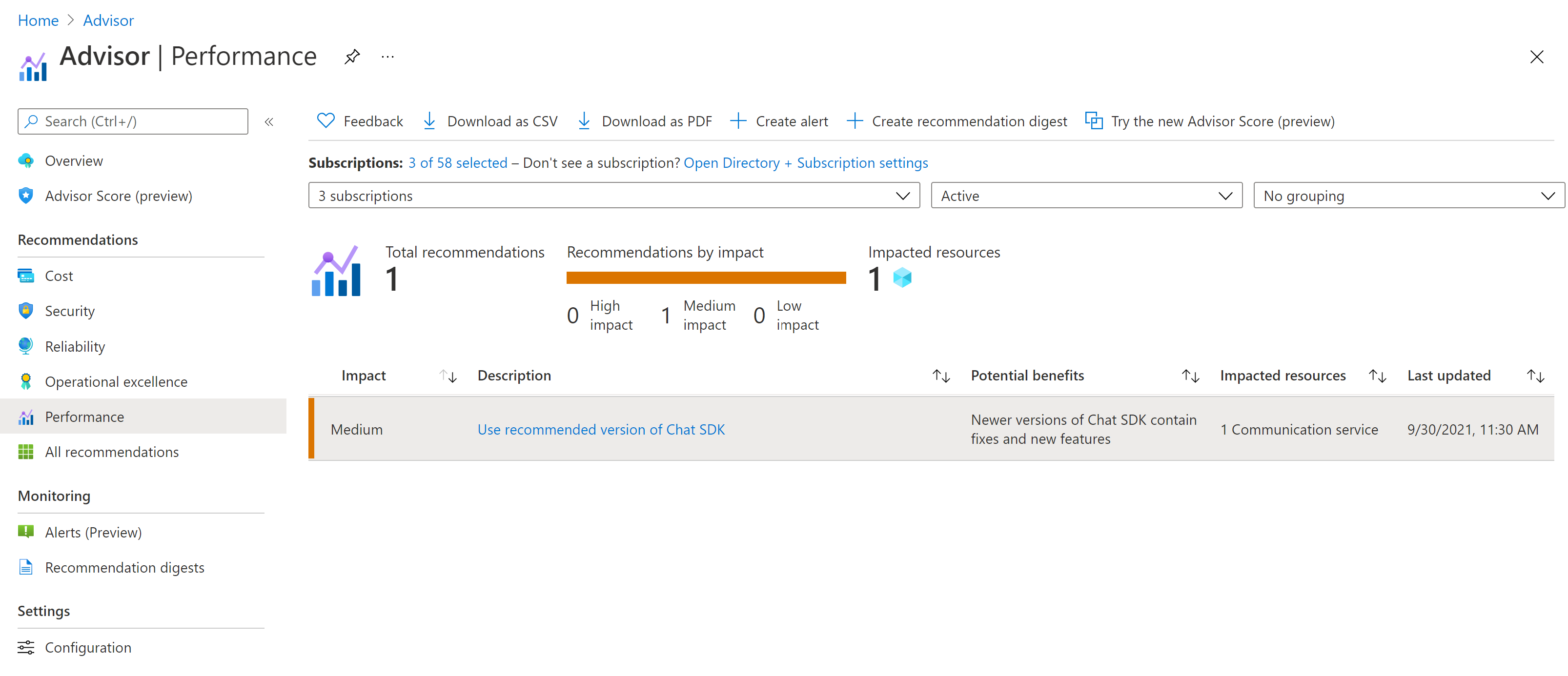 Azure Advisor example showing recommendation to update chat SDK.