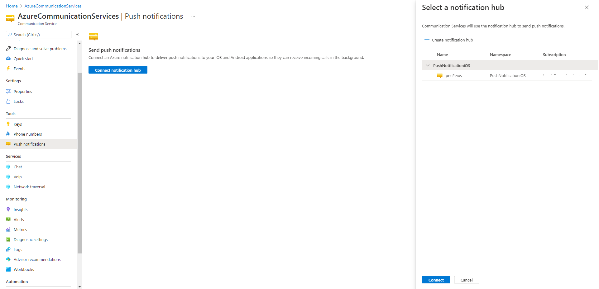 Screenshot showing the Push Notifications settings within the Azure portal.