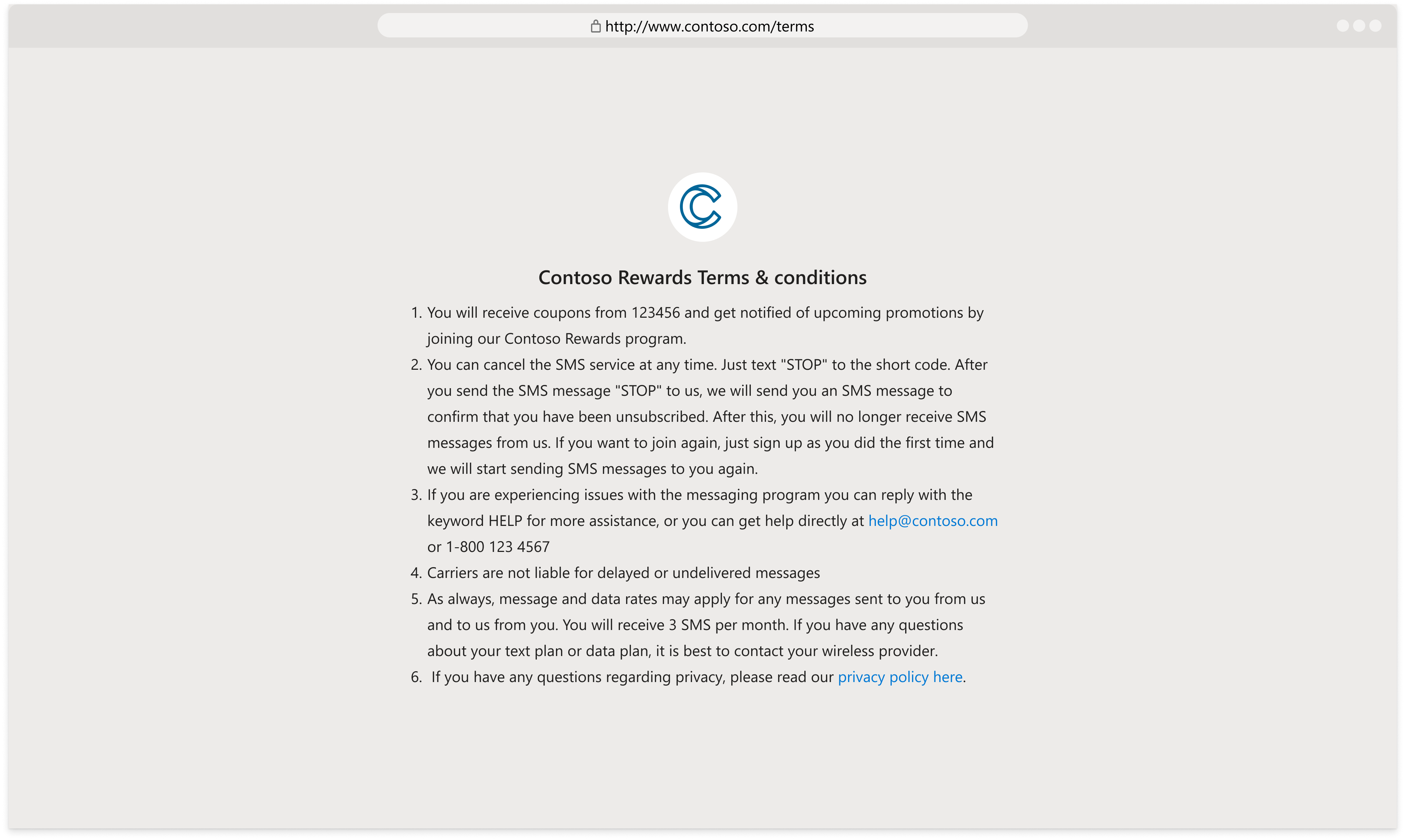 Screenshot showing the terms of service mock up.