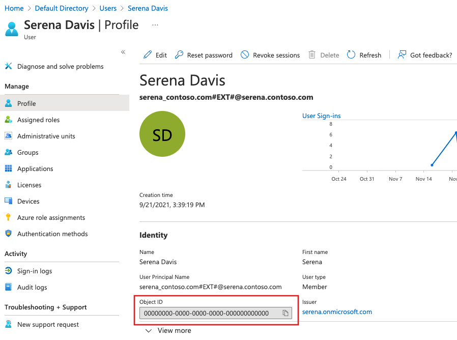 Screenshot of how to copy Azure Active Directory user ID and store it.