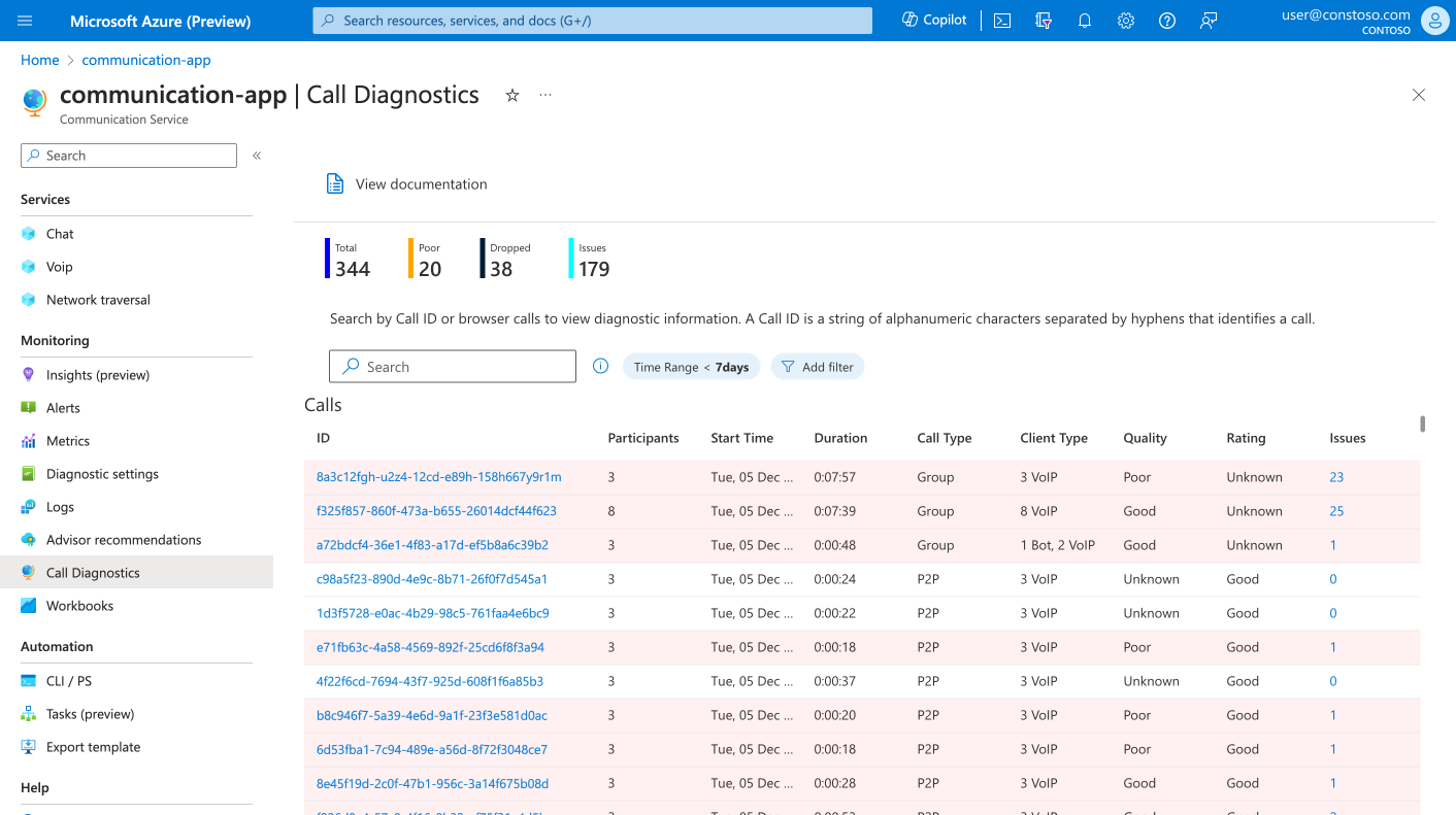 Screenshot of the Call Diagnostics Call Search showing recent calls for your Azure Communications Services Resource.