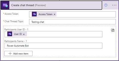 Screenshot that shows the Azure Communication Services Chat connector Create chat thread action dialog.