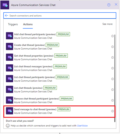 Screenshot that shows the Azure Communication Services Chat connector Send chat message action.