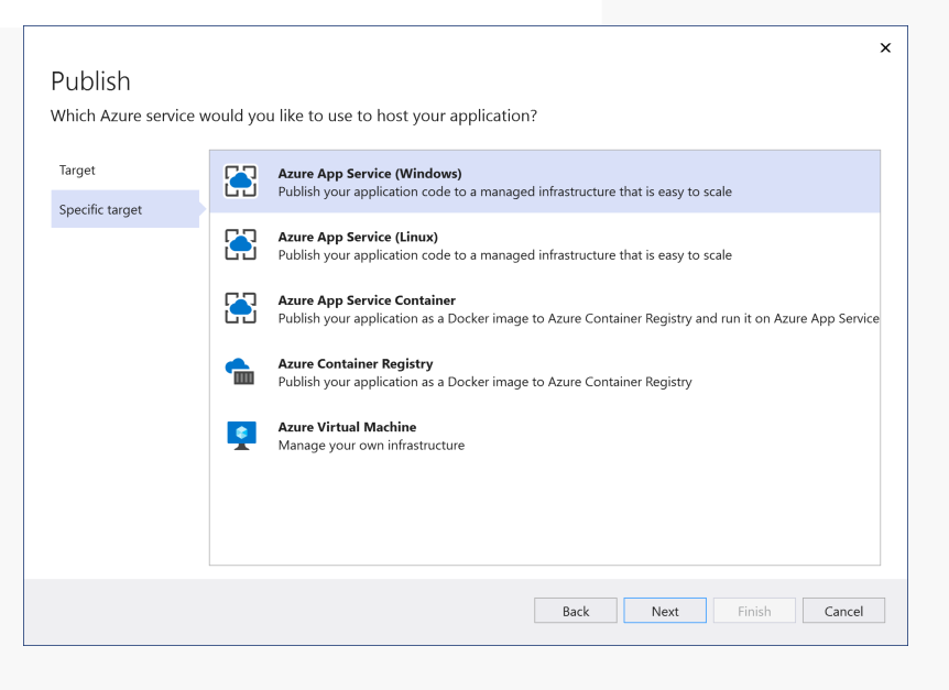 Screenshot that shows how to select Azure App Service as the specific target.