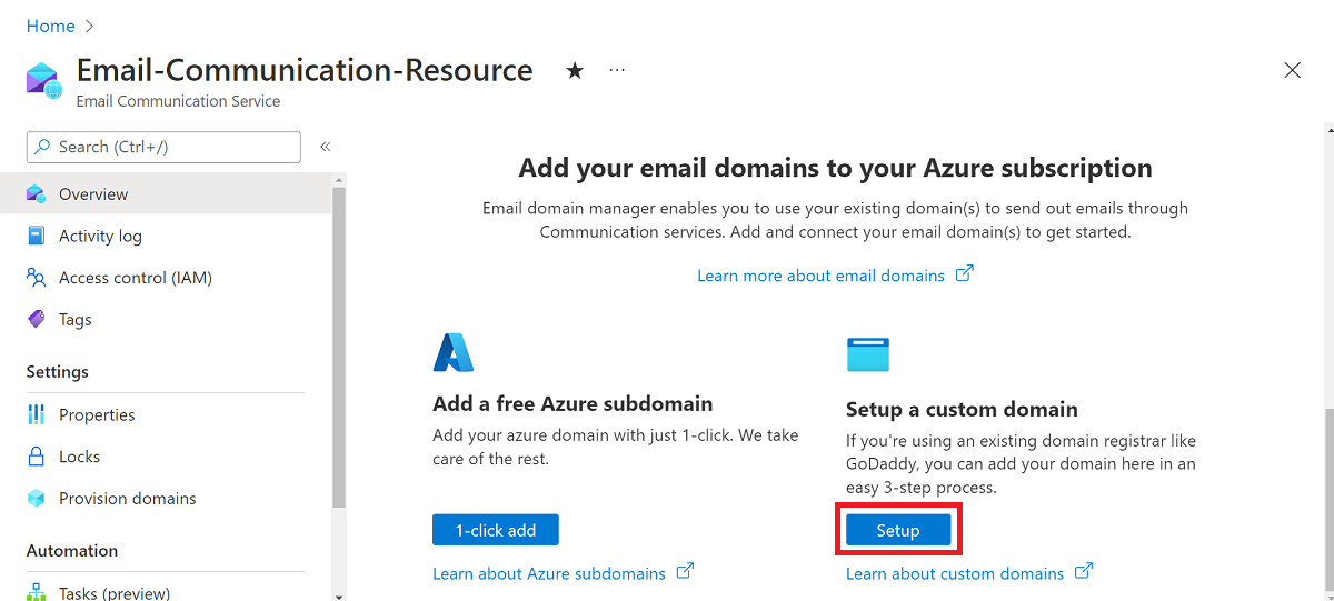 Screenshot that shows how to set up a custom domain.