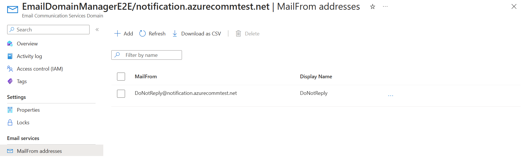 Screenshot that shows MailFrom addresses list after deletion.