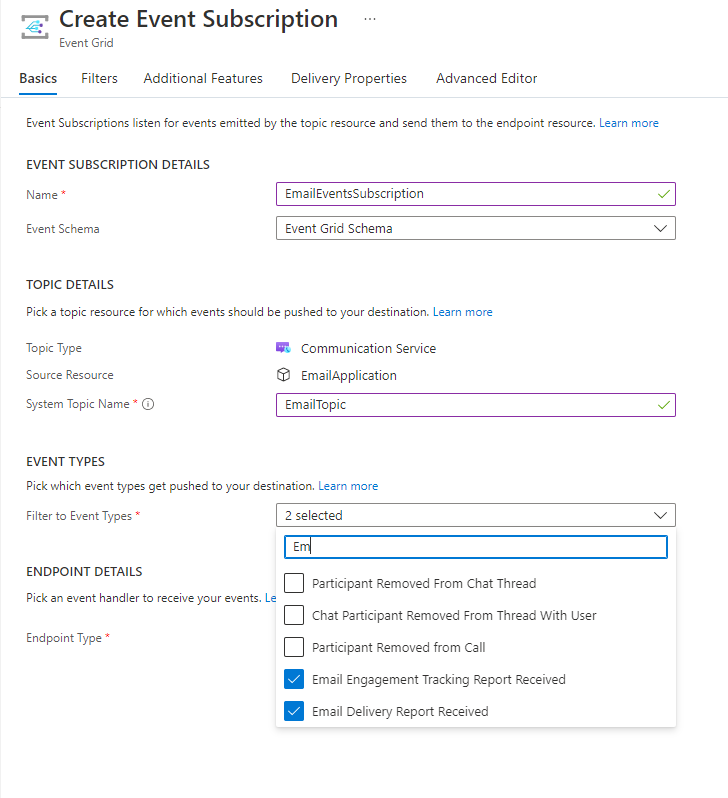Screenshot that shows the Create Event Subscription dialog. Under Event Types, Email Delivery Report Received and Email Engagement Tracking Report Received are selected.
