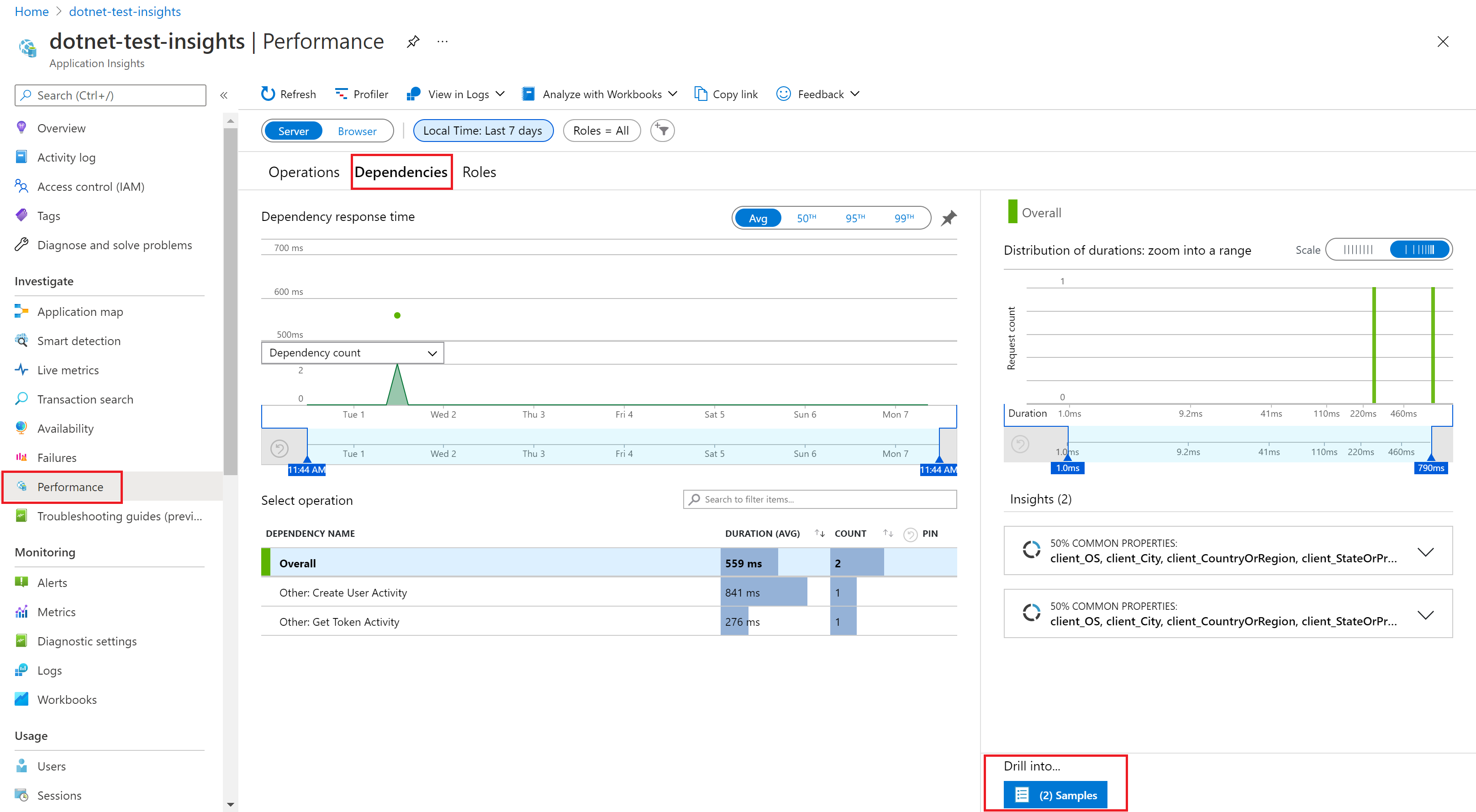 Screenshot showing telemetry data entries in Application Insights.