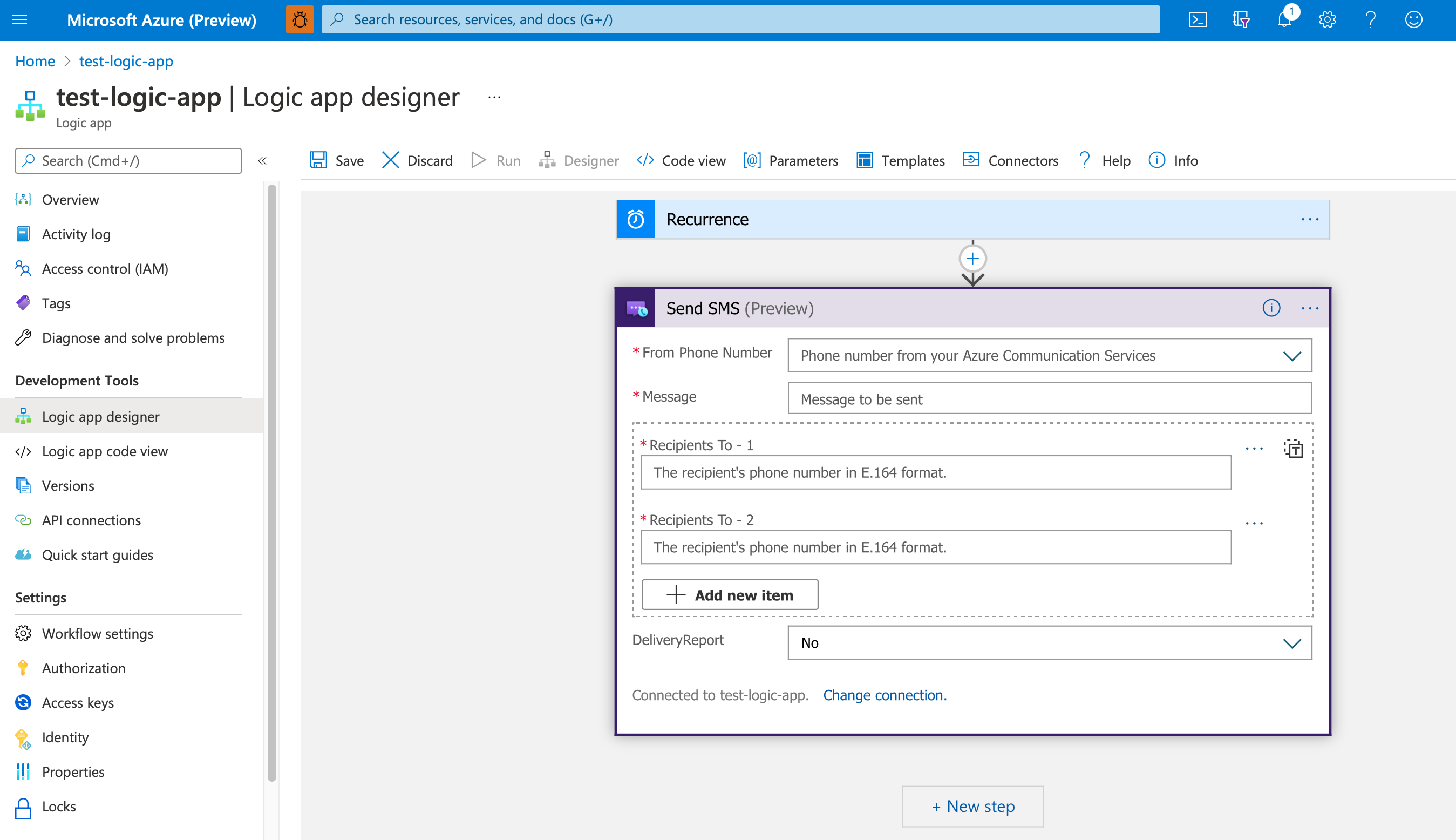 Screenshot that shows the Azure portal, which is open to the Logic App Designer, and shows an example logic app that uses the Send SMS action for the Azure Communication Services connector.