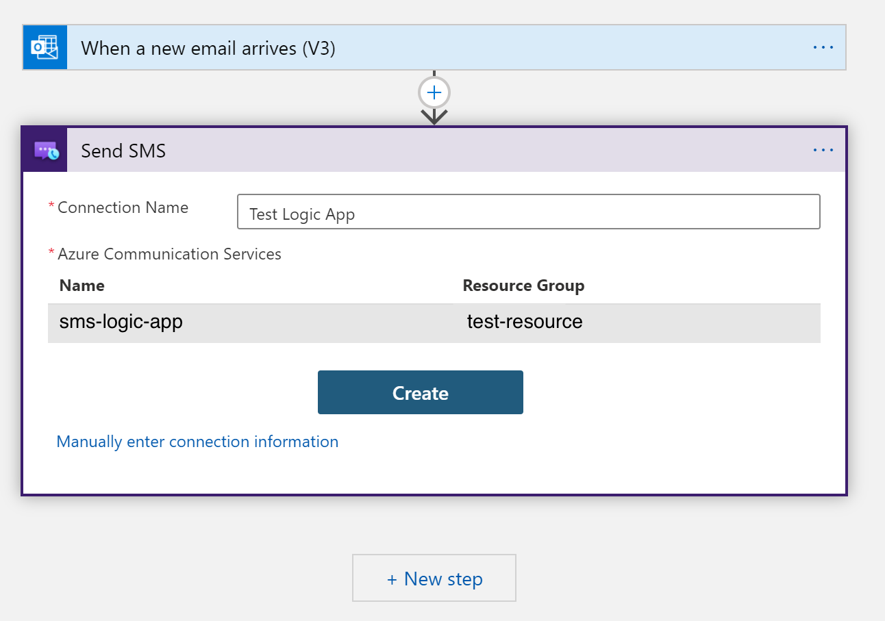 Screenshot that shows the Send SMS action configuration with sample information.