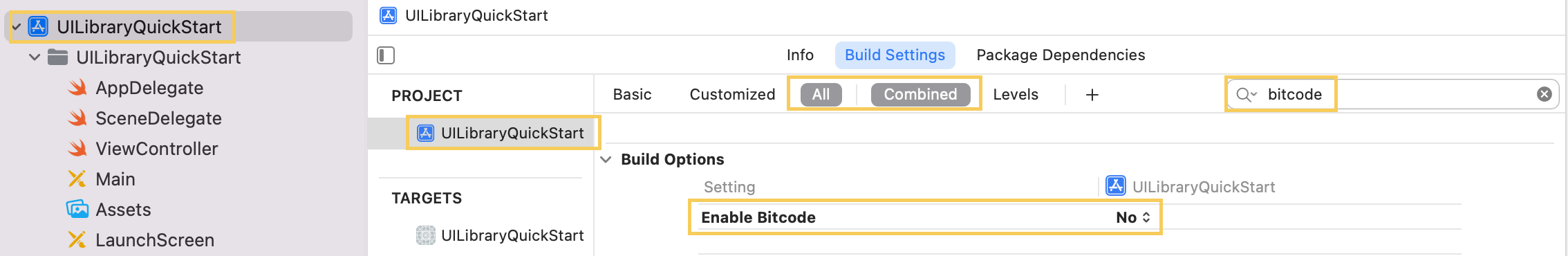 Screenshot that shows the Build Settings option to turn off Bitcode.
