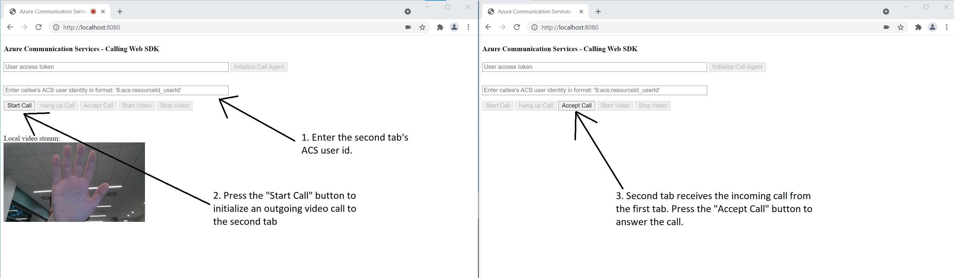 Screenshot is showing experience when Teams users initialize the SDK and shows steps to start a call to second user and way how to accept the call.