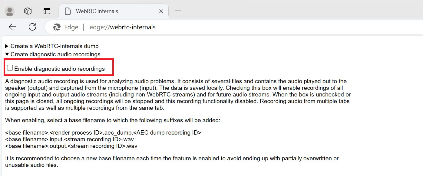 Screenshot of diagnostic audio recordings settings.