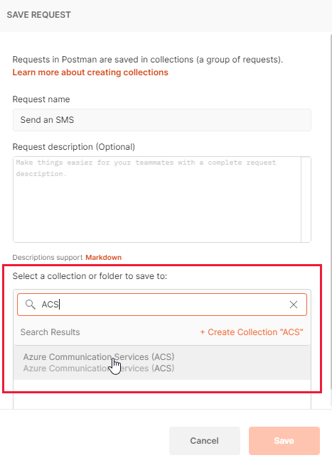 The Postman save request dialog with the Communication Services collection selected.